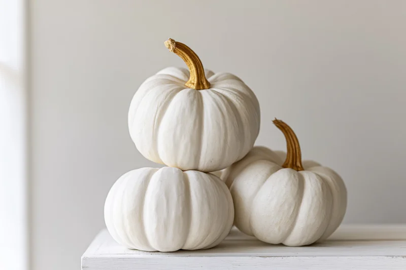Three white pumpkins stacked on a white wooden surface