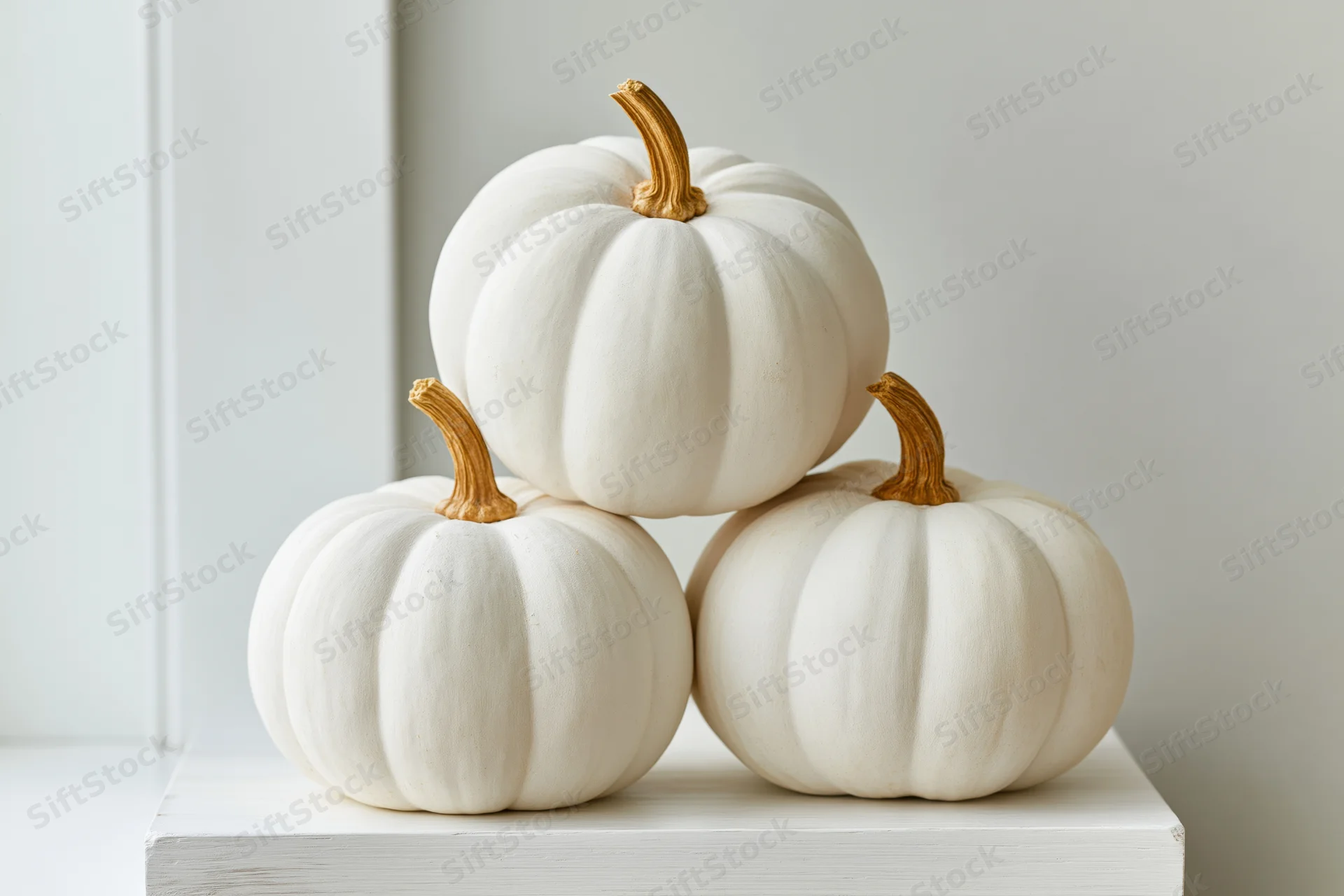 Three white pumpkins stacked in a pyramid on a white platform