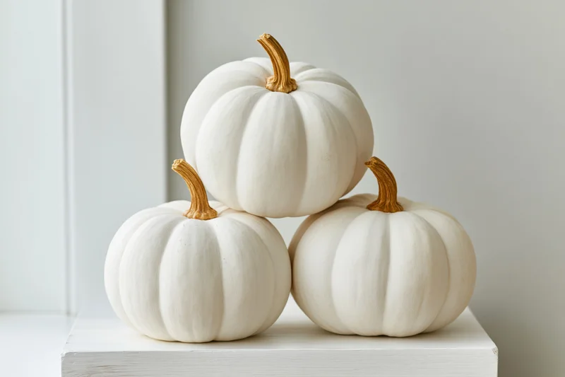 Three white pumpkins stacked in a pyramid on a white platform
