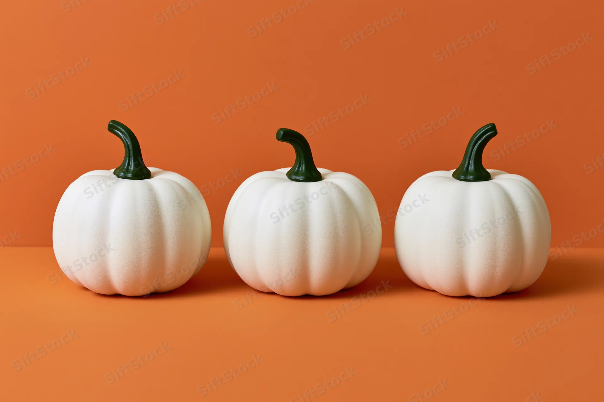 Three white decorative pumpkins with green stems arranged in a row on an orange surface