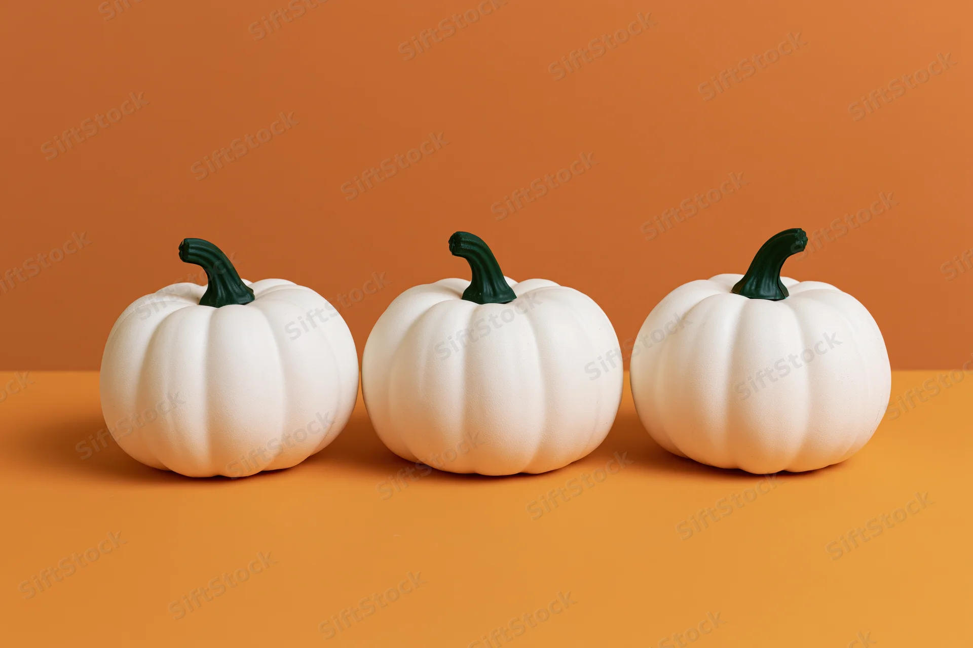 Three white decorative pumpkins arranged in a row on an orange surface