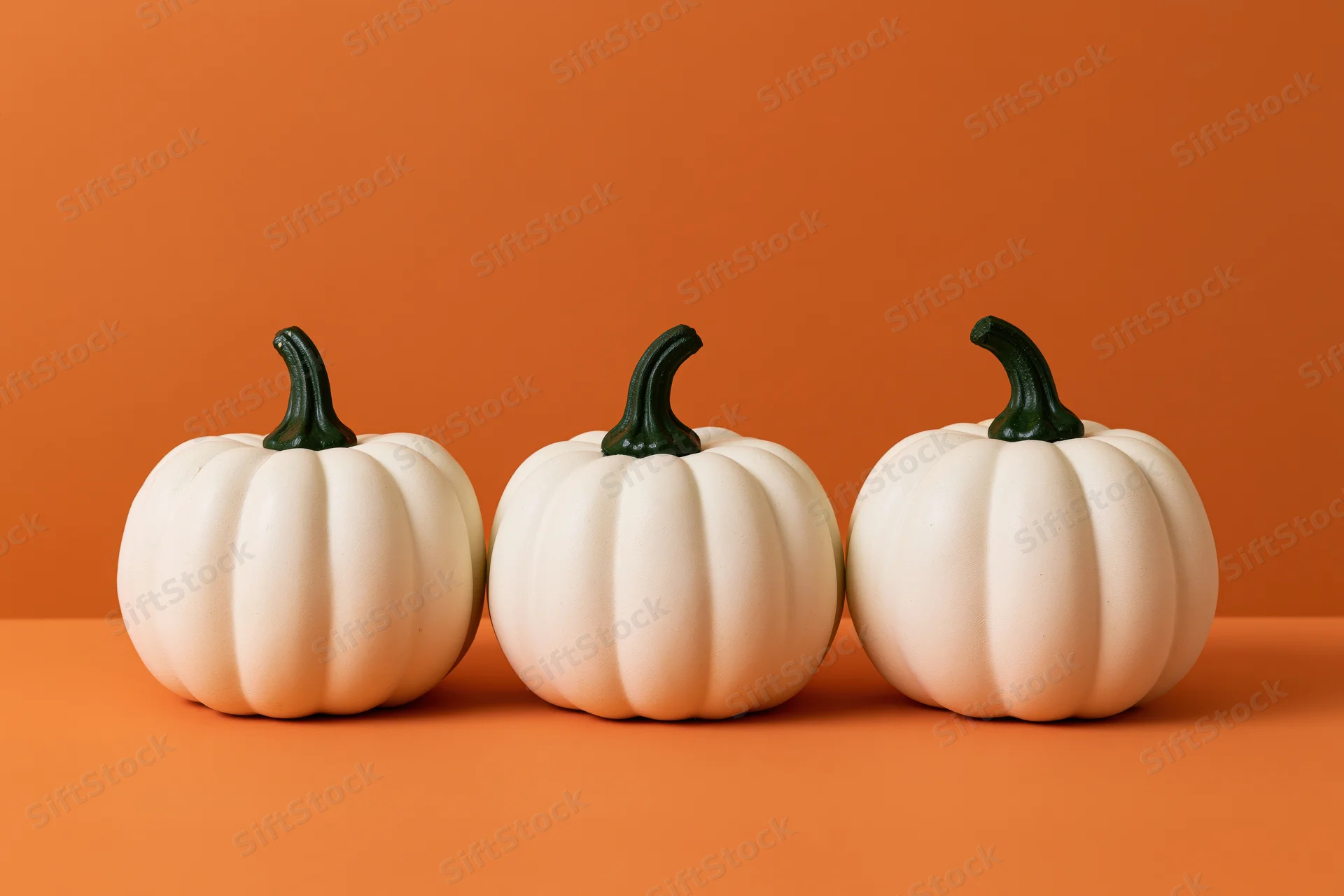 Three white decorative pumpkins with green stems arranged in a row on an orange surface