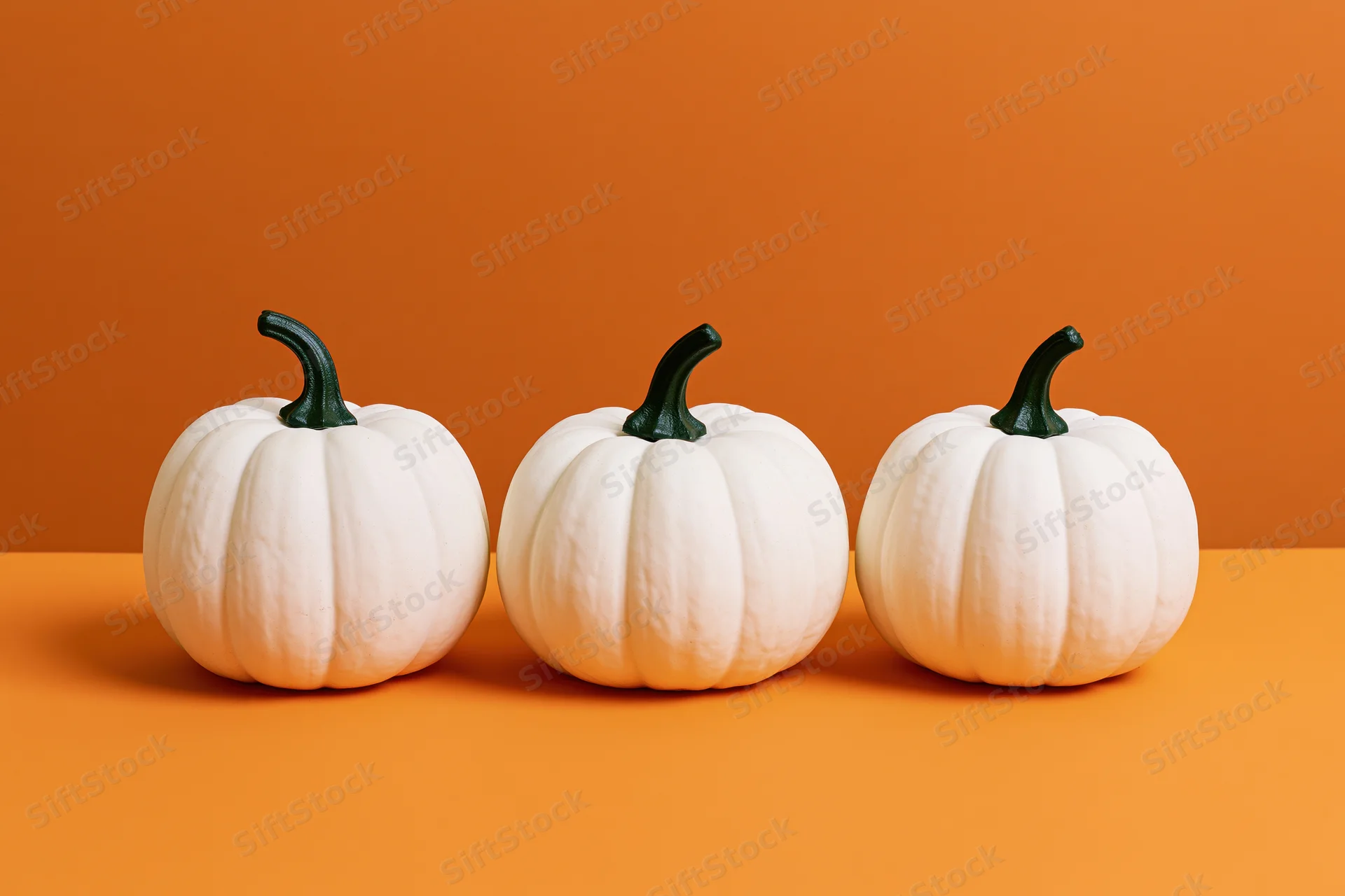 Three white decorative pumpkins arranged in a row on an orange surface