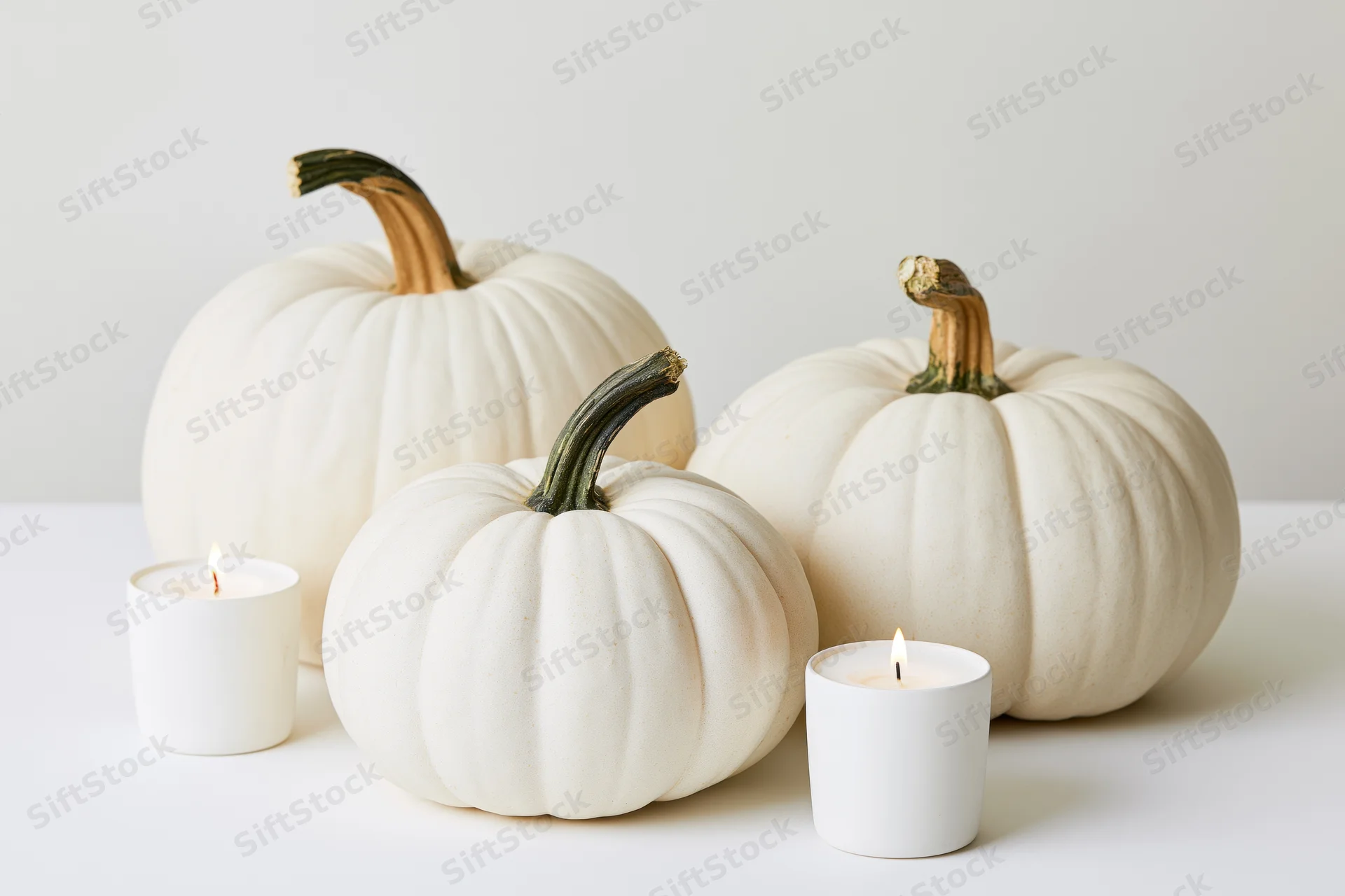 Three white pumpkins with lit candles arranged on a white surface