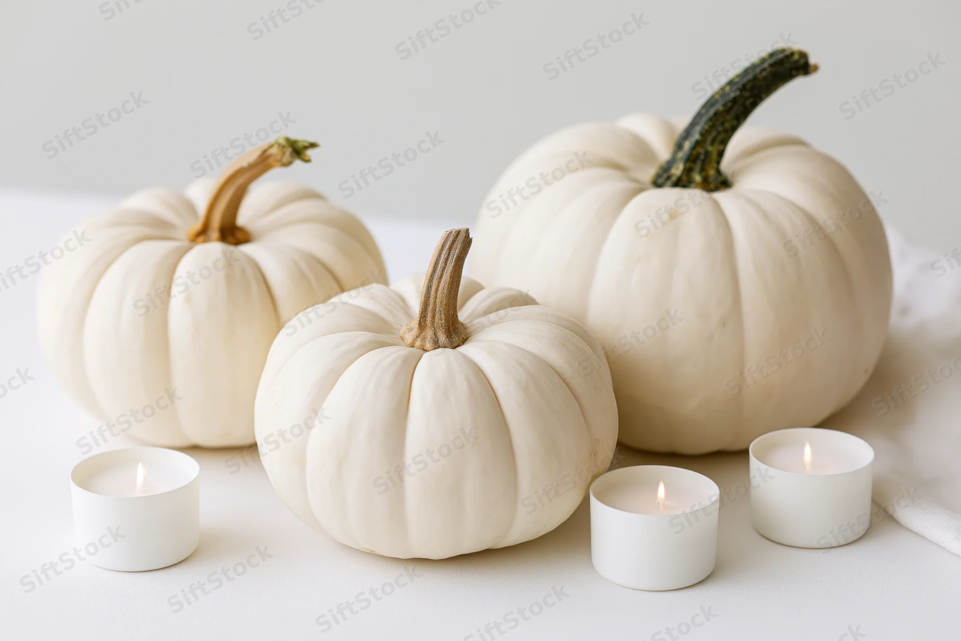 Three white pumpkins with tan and green stems arranged on a white surface with lit candles around them