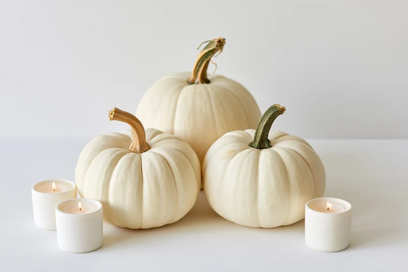 Three white pumpkins with tan and green stems arranged on a white surface with lit candles around them