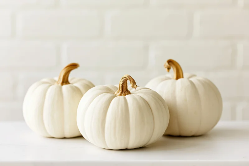 Three small white pumpkins arranged in a row on a white countertop against a white brick wall