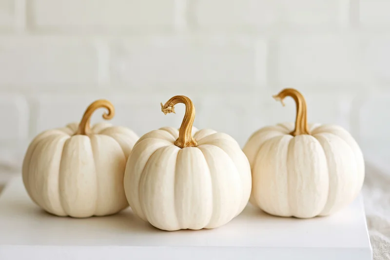 Three small white pumpkins arranged in a row on a white surface