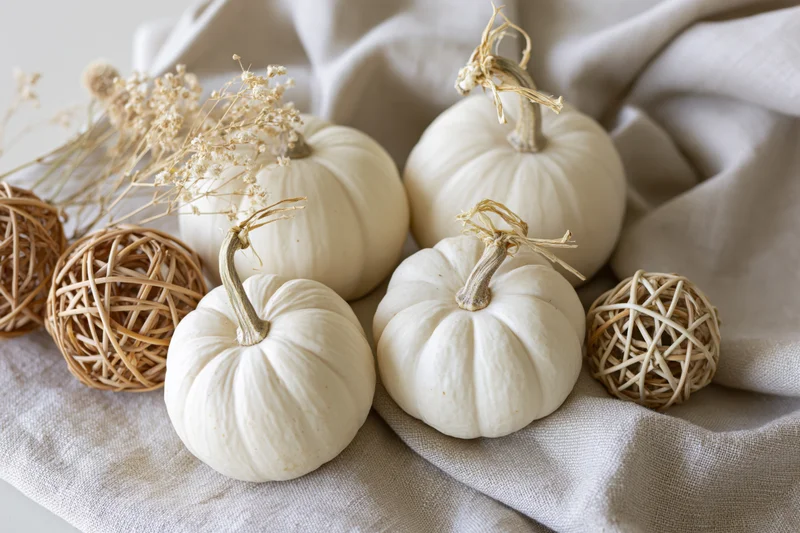 Small white pumpkins arranged with dried flowers and wicker balls on a linen cloth