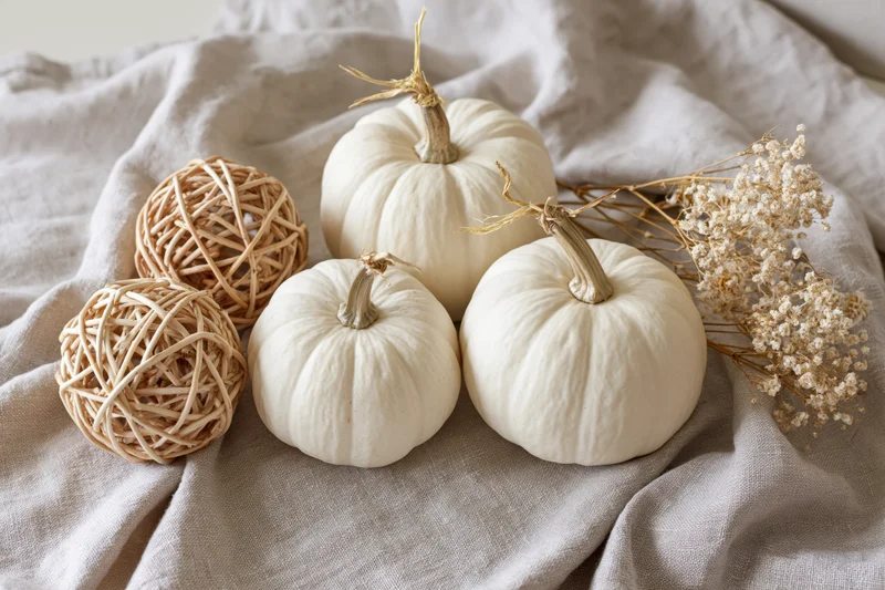 Three small white pumpkins arranged with wicker balls and dried flowers on a linen cloth