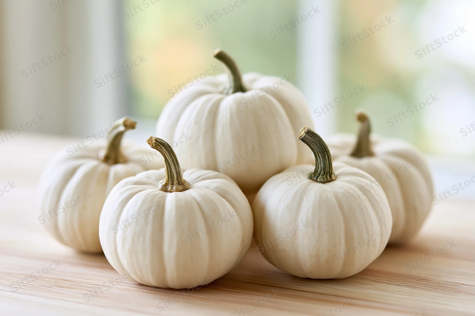 Small white mini pumpkins arranged in a cluster on a wooden table indoors
