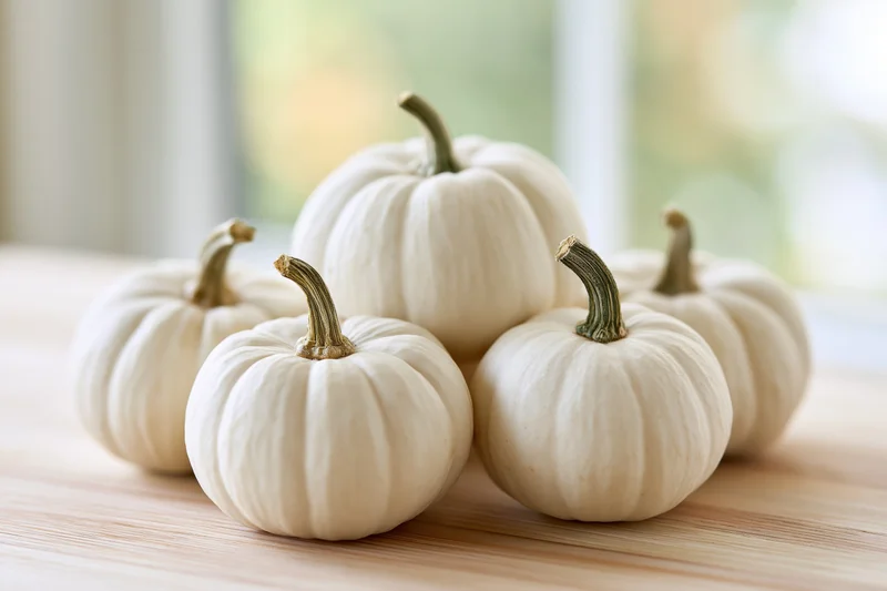 Small white mini pumpkins arranged in a cluster on a wooden table indoors