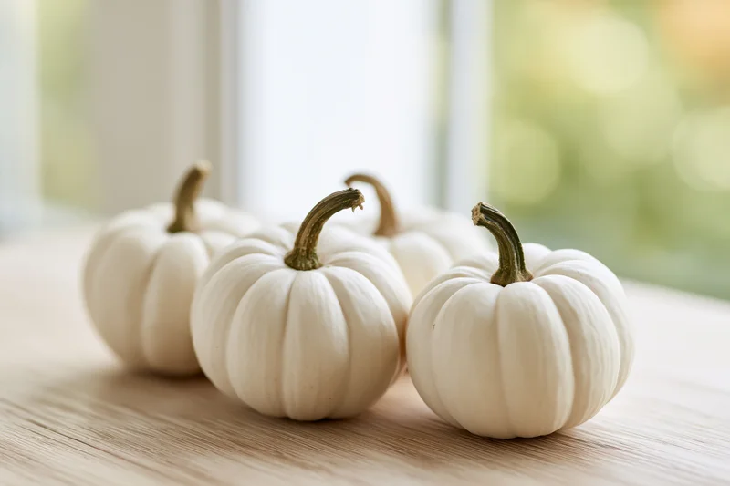 Three small white mini pumpkins with dry green-brown stems arranged on a wooden table near a window