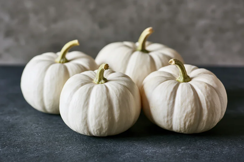 Four small white pumpkins arranged on a dark stone surface