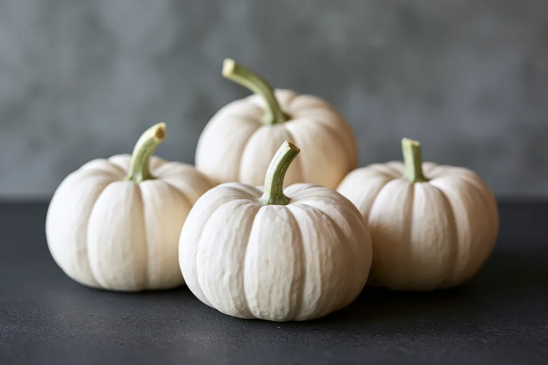 Four small white mini pumpkins arranged on a dark surface with a gray background