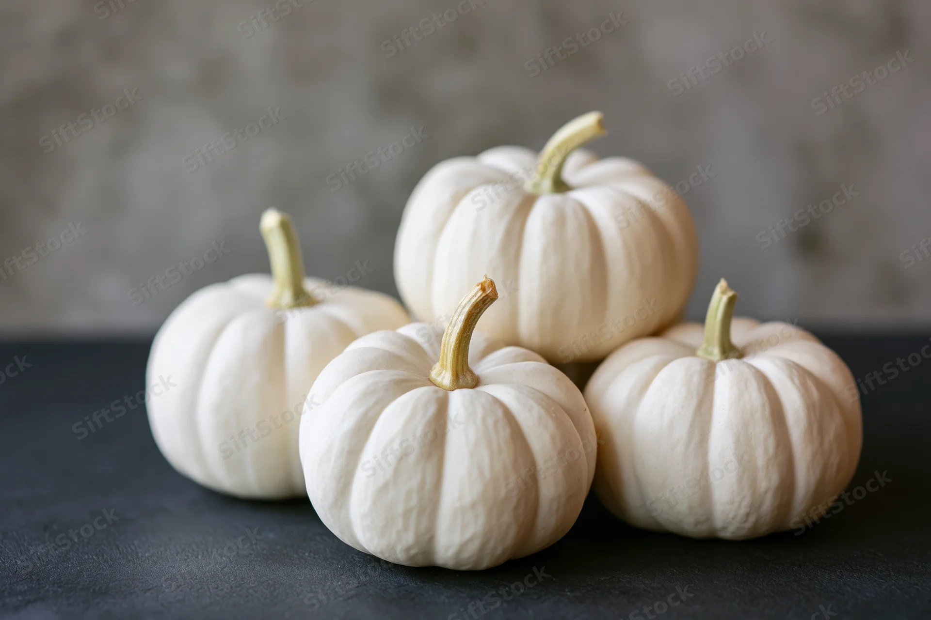 Four small white pumpkins arranged on a dark surface with a gray textured background