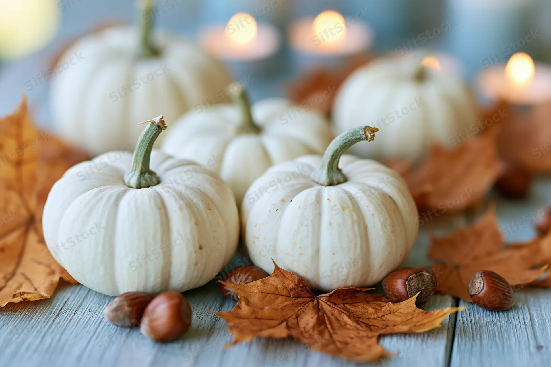 Small white pumpkins arranged with autumn leaves and hazelnuts on a blue-grey wooden table with candles in the background