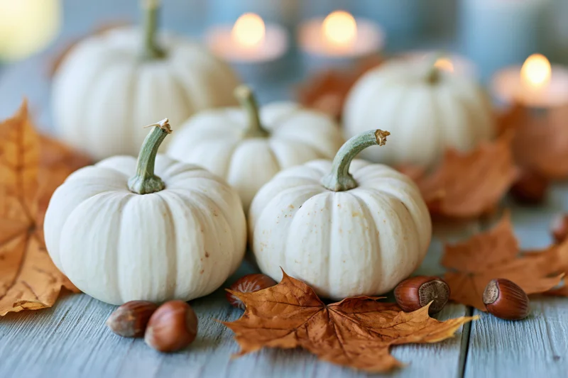 Small white pumpkins arranged with autumn leaves and hazelnuts on a blue-grey wooden table with candles in the background