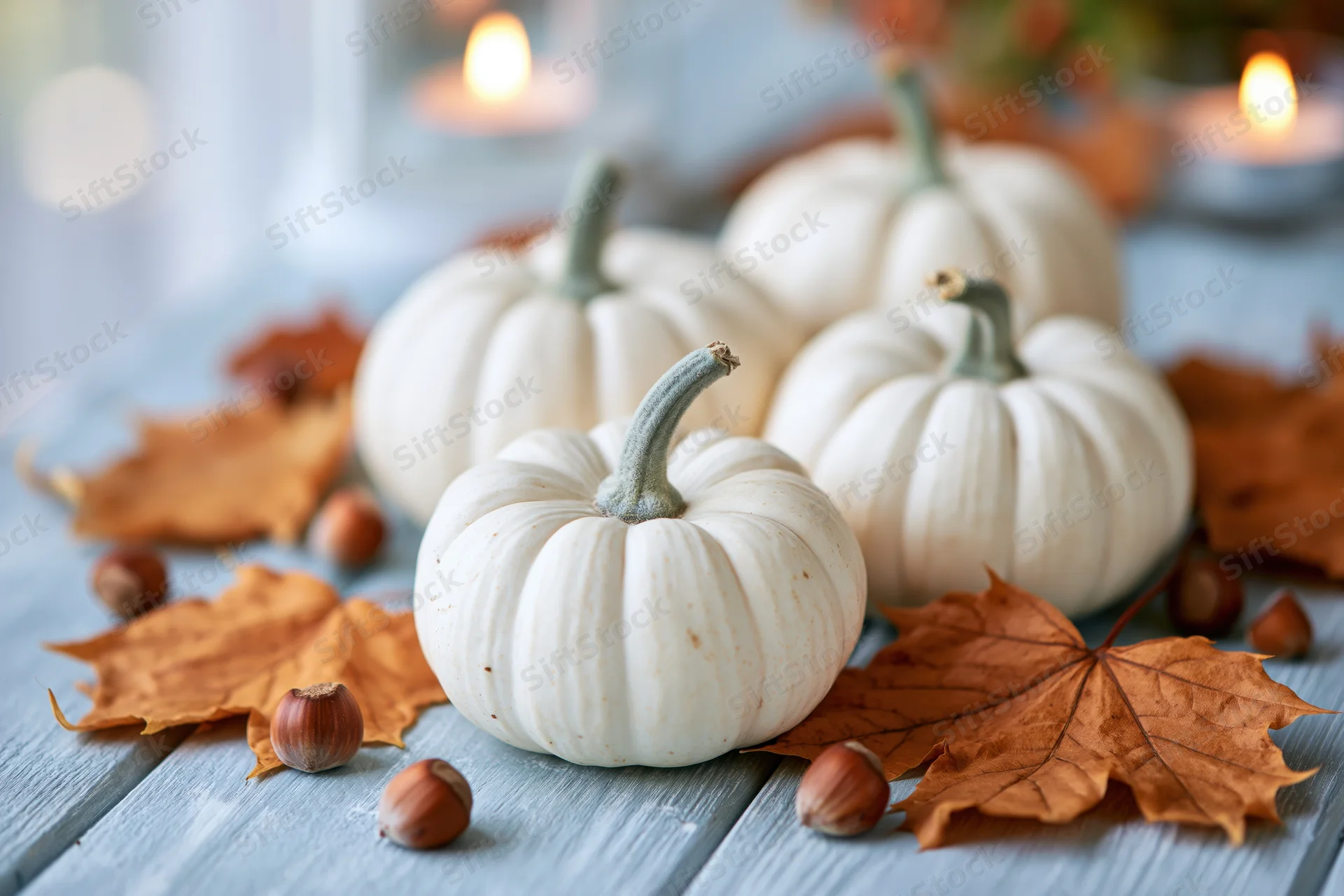 White pumpkins arranged with autumn leaves and hazelnuts on a pale blue wooden table