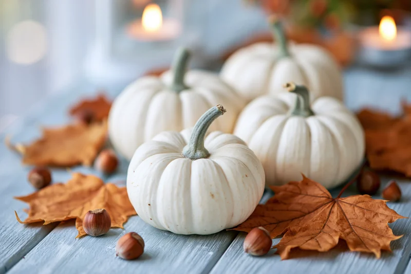 White pumpkins arranged with autumn leaves and hazelnuts on a pale blue wooden table