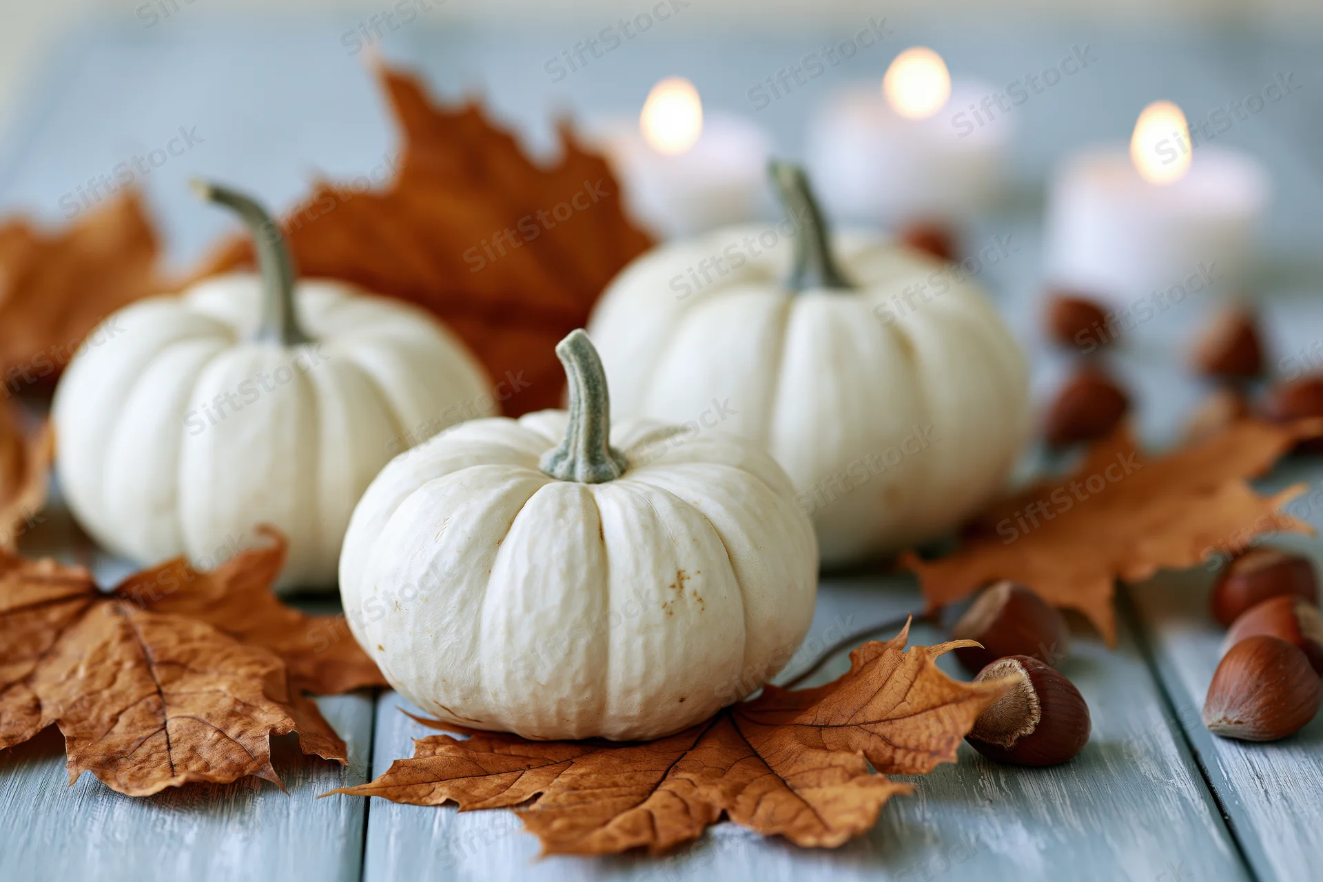 Three small white pumpkins arranged on a pale blue-grey wooden table with dried maple leaves, hazelnuts, and lit candles