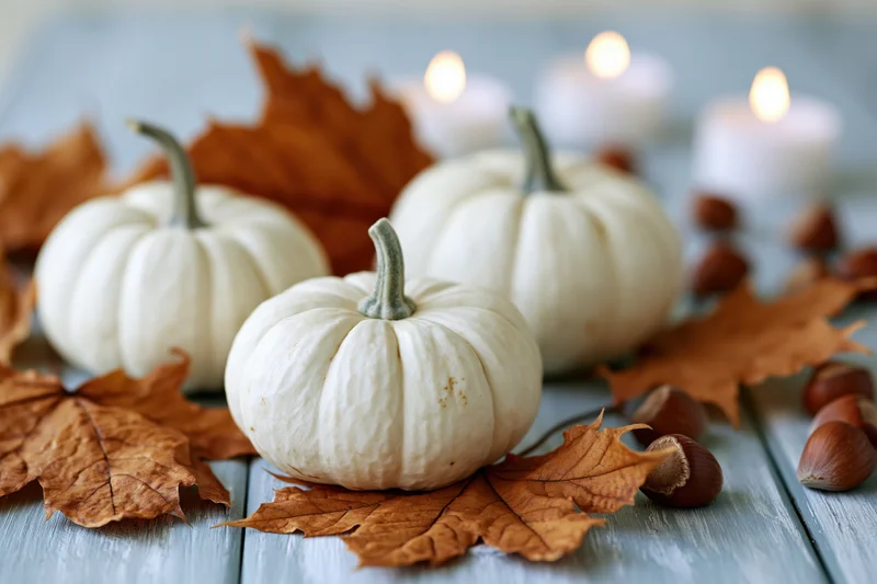 Three small white pumpkins arranged on a pale blue-grey wooden table with dried maple leaves, hazelnuts, and lit candles