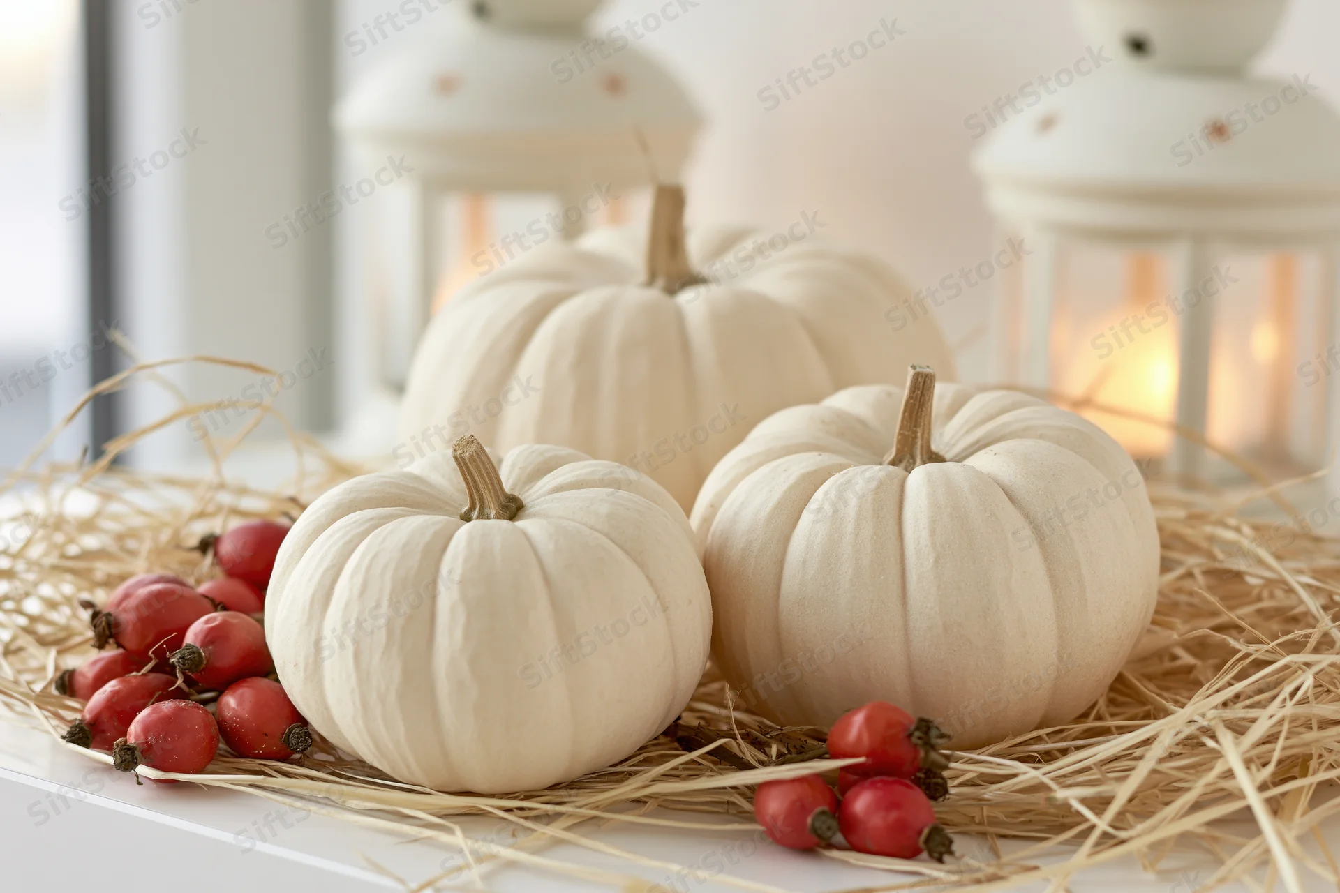 Three white pumpkins arranged on straw with rosehips and lit lanterns on a white surface