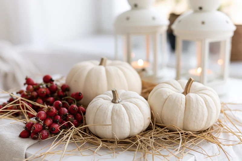 Three small white pumpkins arranged on a bed of hay with red berries and white lanterns on a table