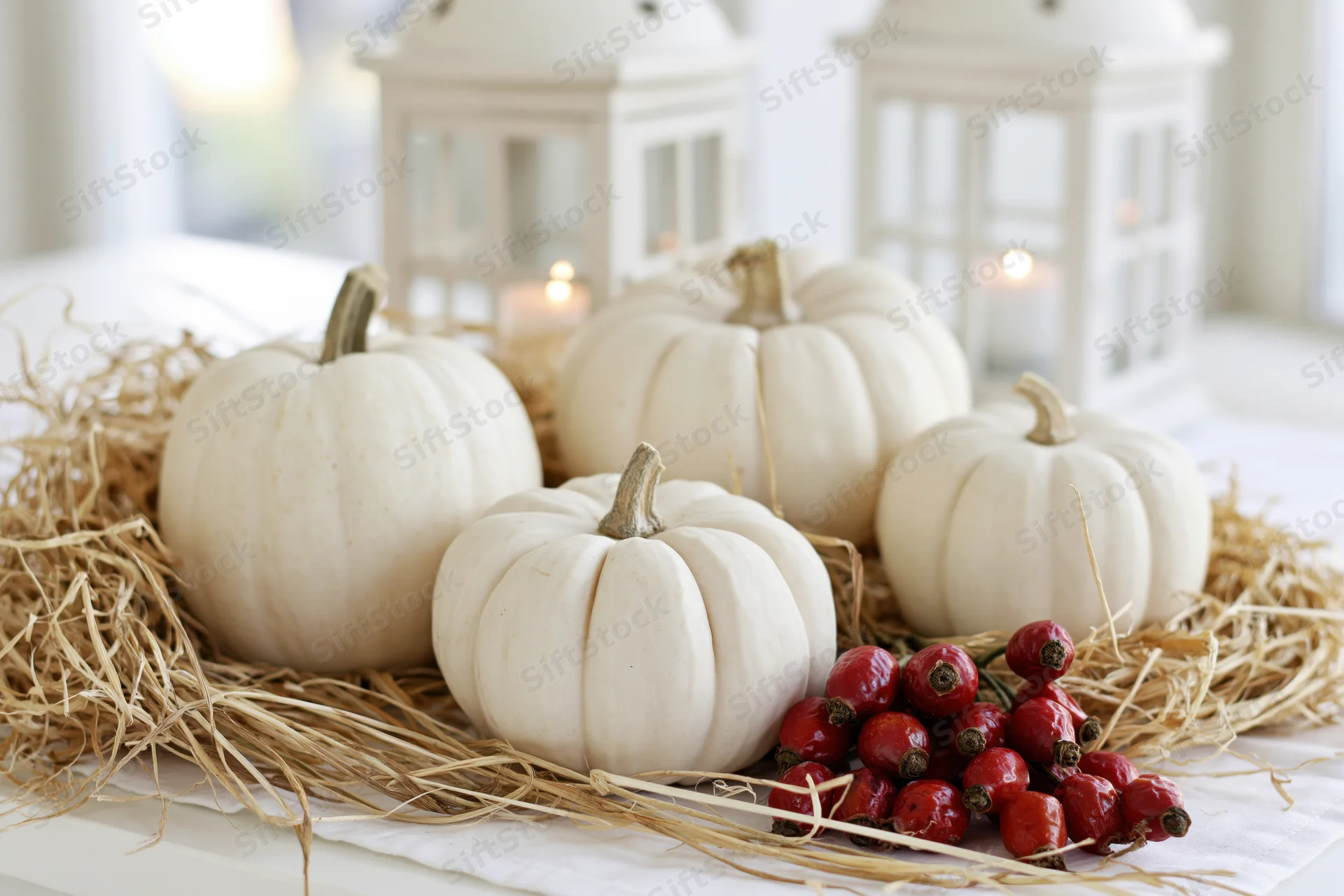 White pumpkins arranged on hay with red berries and lanterns on a table