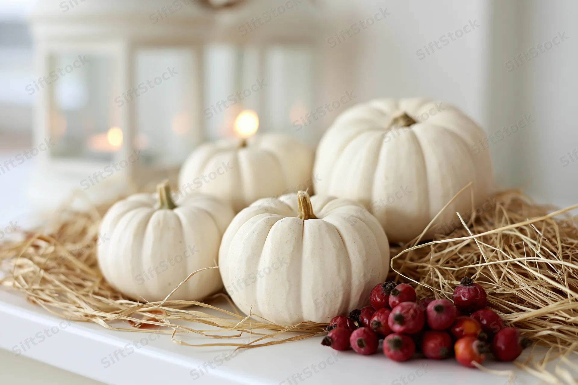 White pumpkins arranged on hay with rosehips on a white table near a glowing lantern