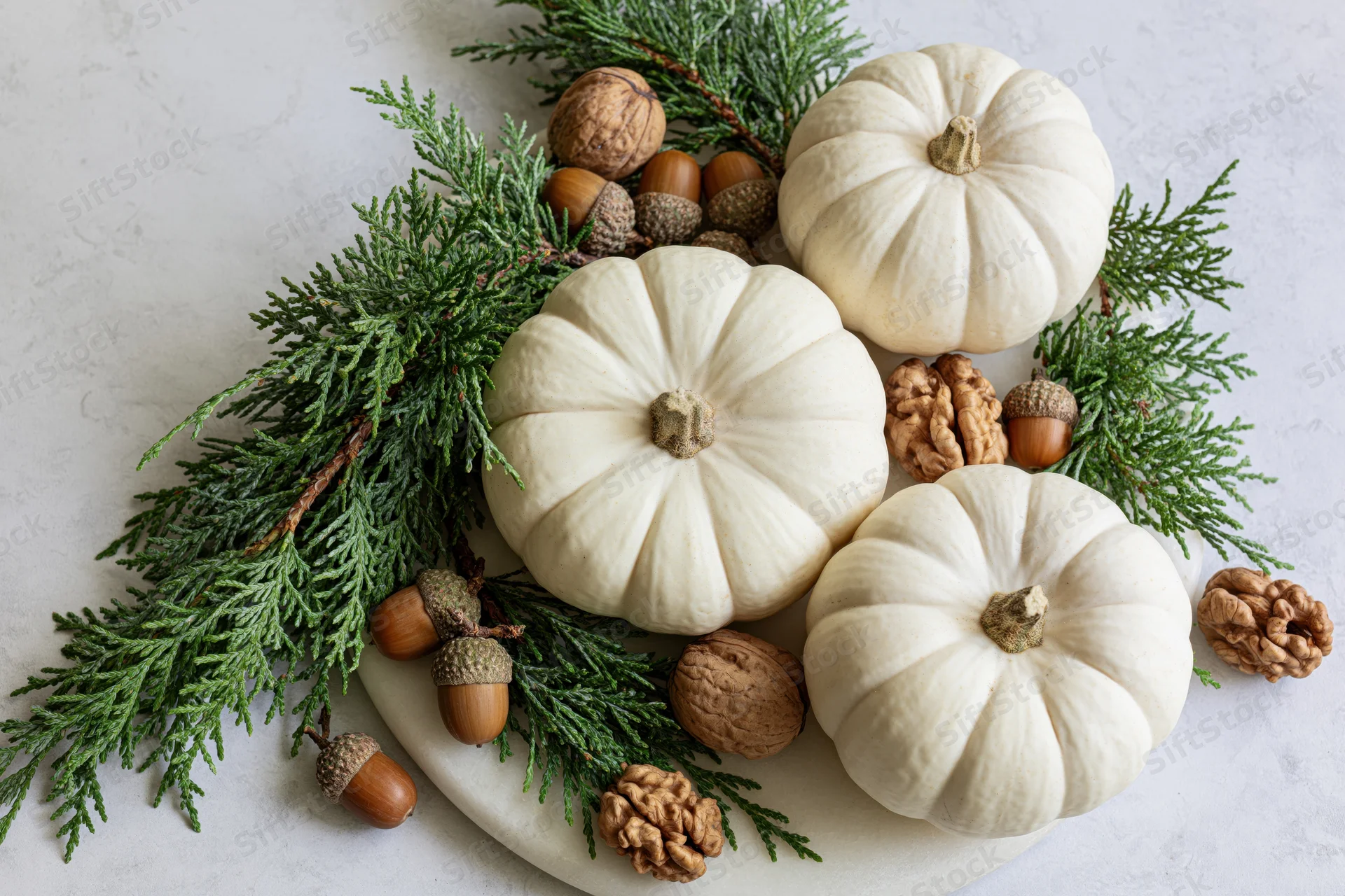 Three white pumpkins arranged with evergreen cypress branches and acorns on a marble surface