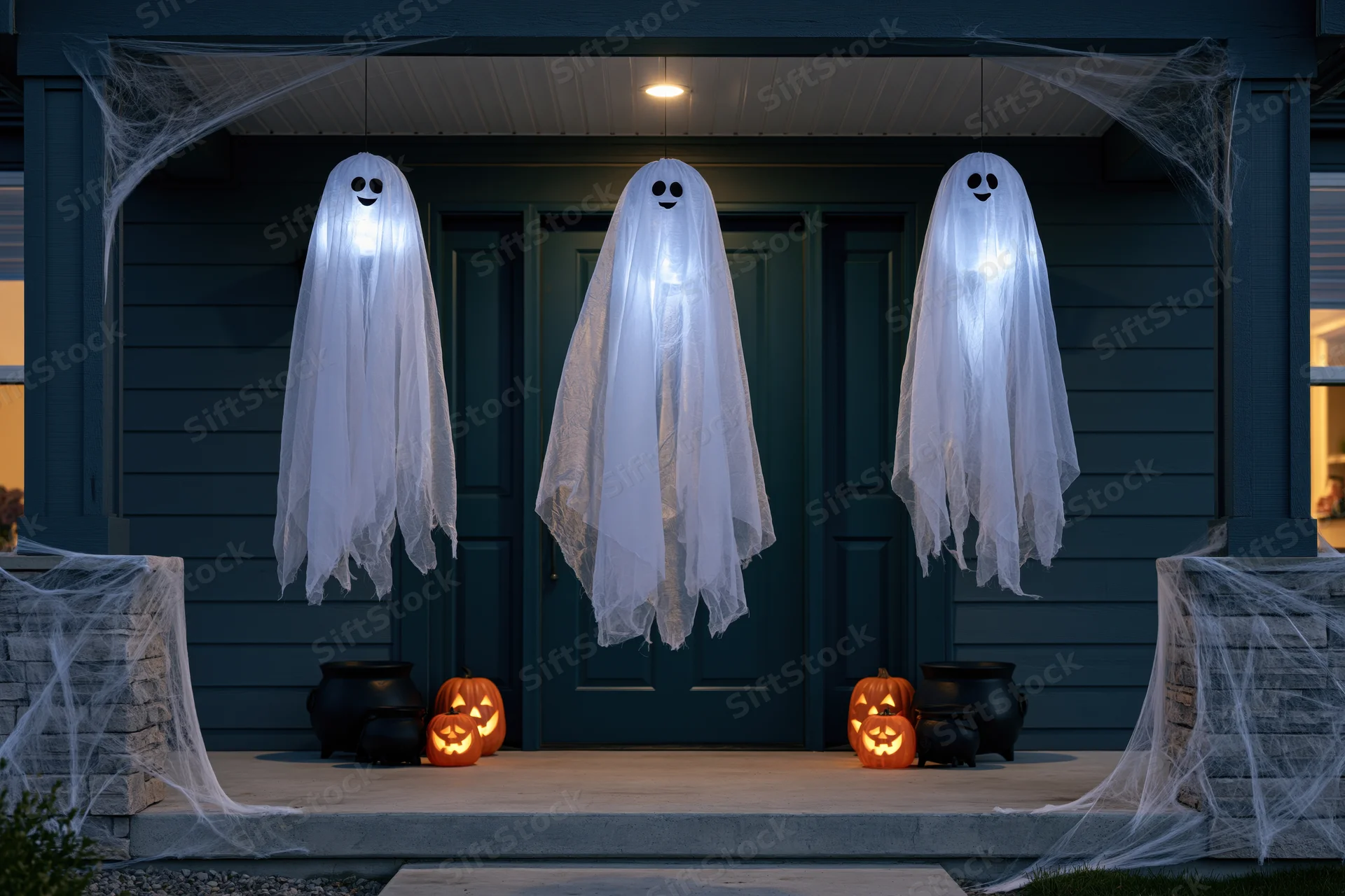 Three white fabric ghost decorations hanging from a suburban house porch at night with jack-o-lanterns and cobwebs