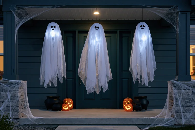 Three white fabric ghost decorations hanging from a suburban house porch at night with jack-o-lanterns and cobwebs