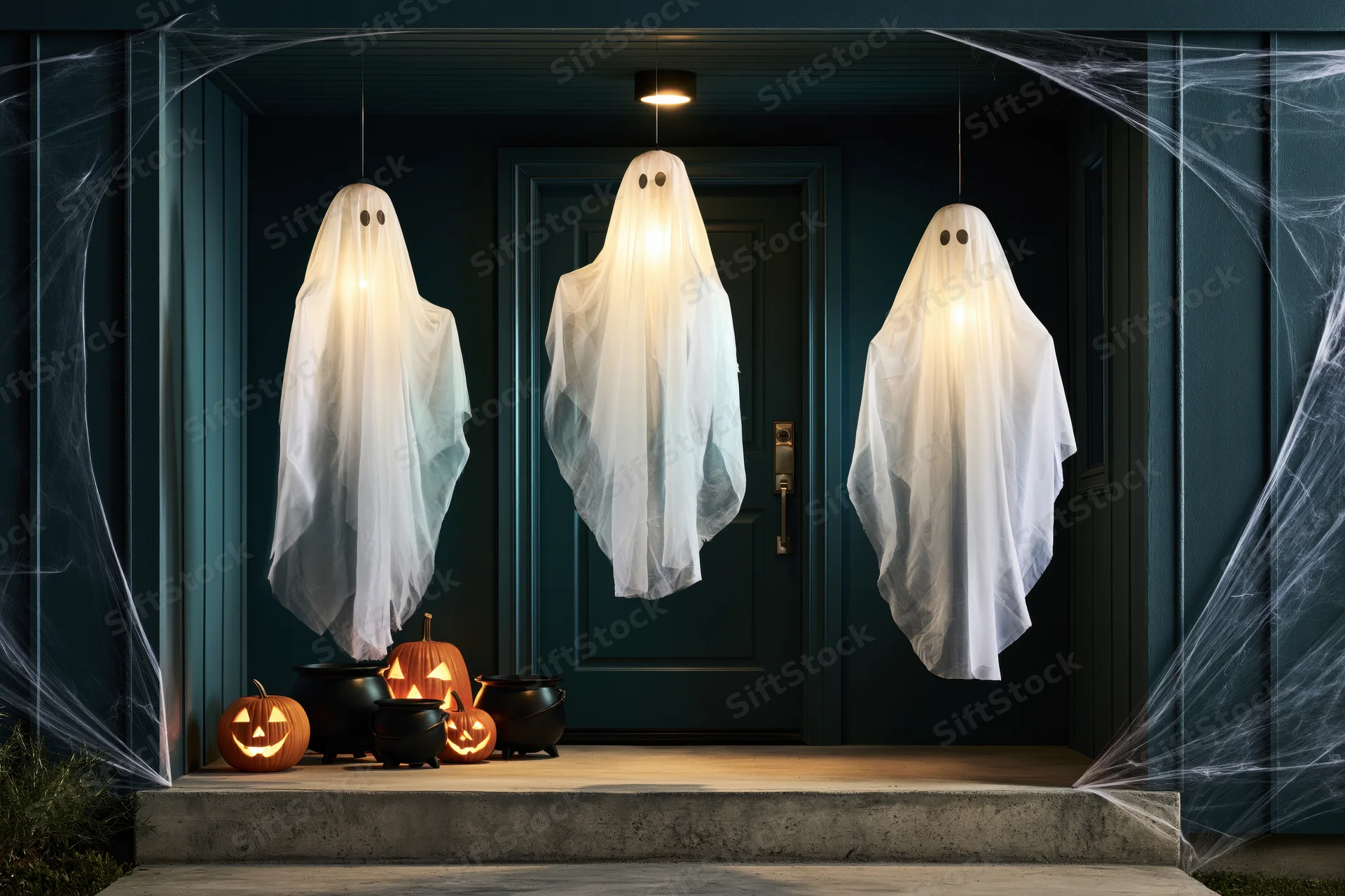 Three white fabric ghost decorations hanging from a suburban house porch above jack-o-lanterns and cobwebs