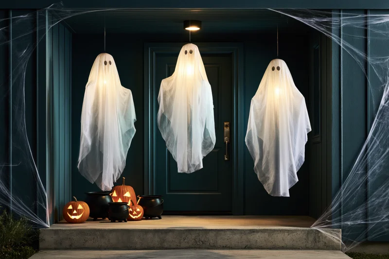 Three white fabric ghost decorations hanging from a suburban house porch above jack-o-lanterns and cobwebs