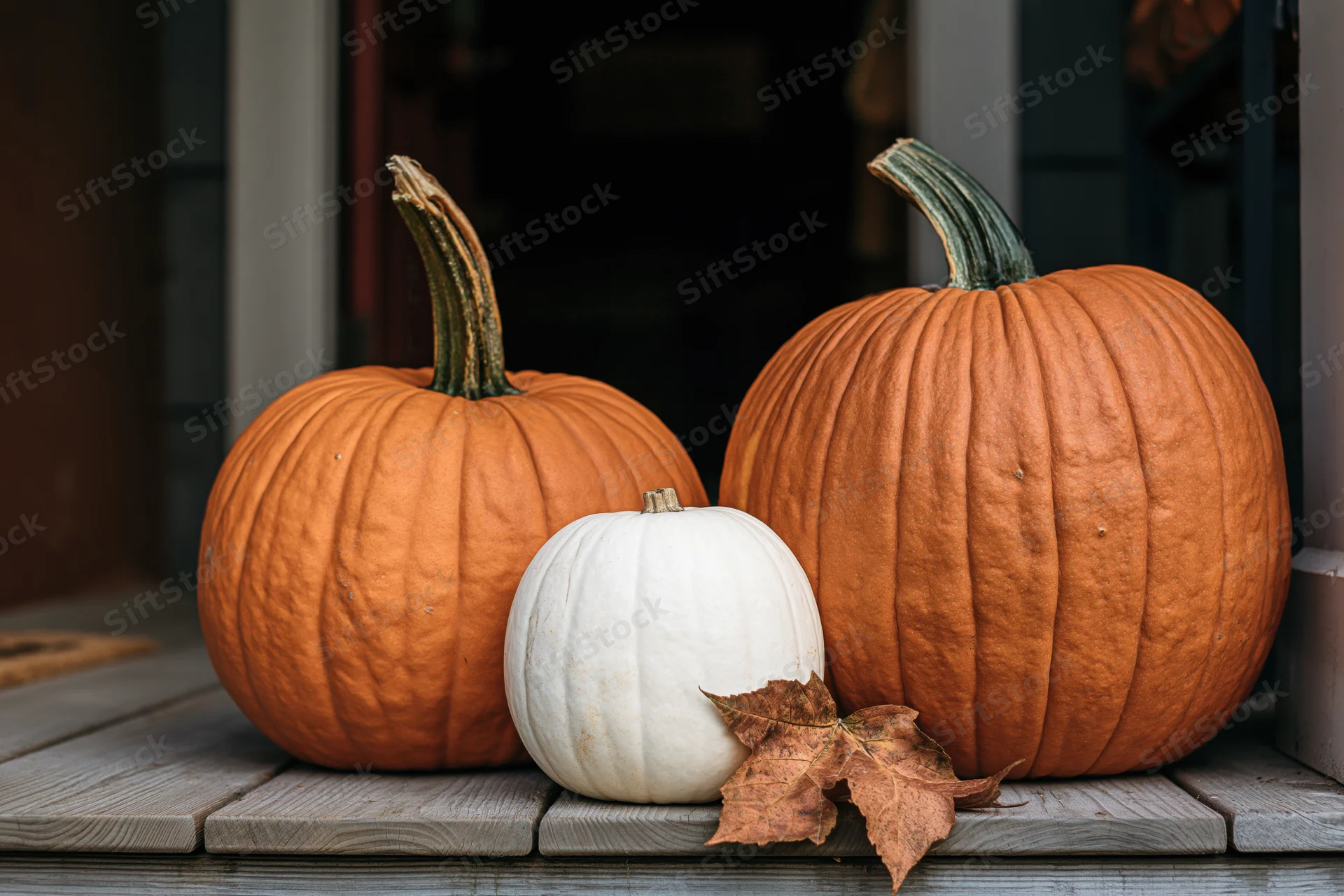 Three pumpkins arranged on a wooden porch step with a dried leaf