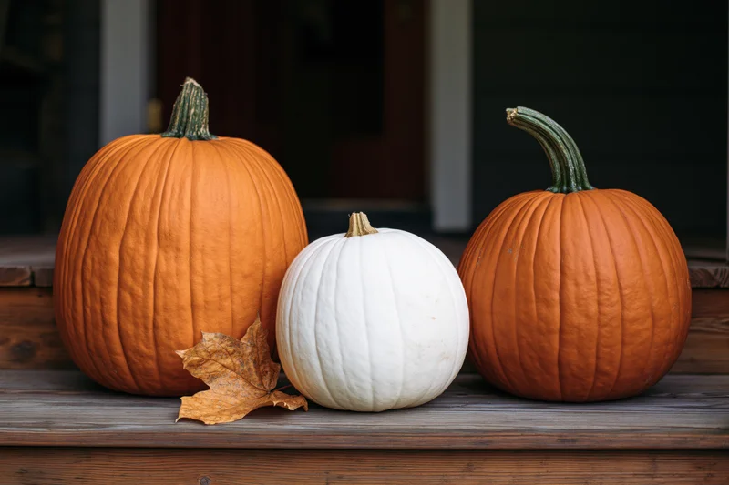 Three pumpkins arranged on a wooden porch step with a dried leaf beside them