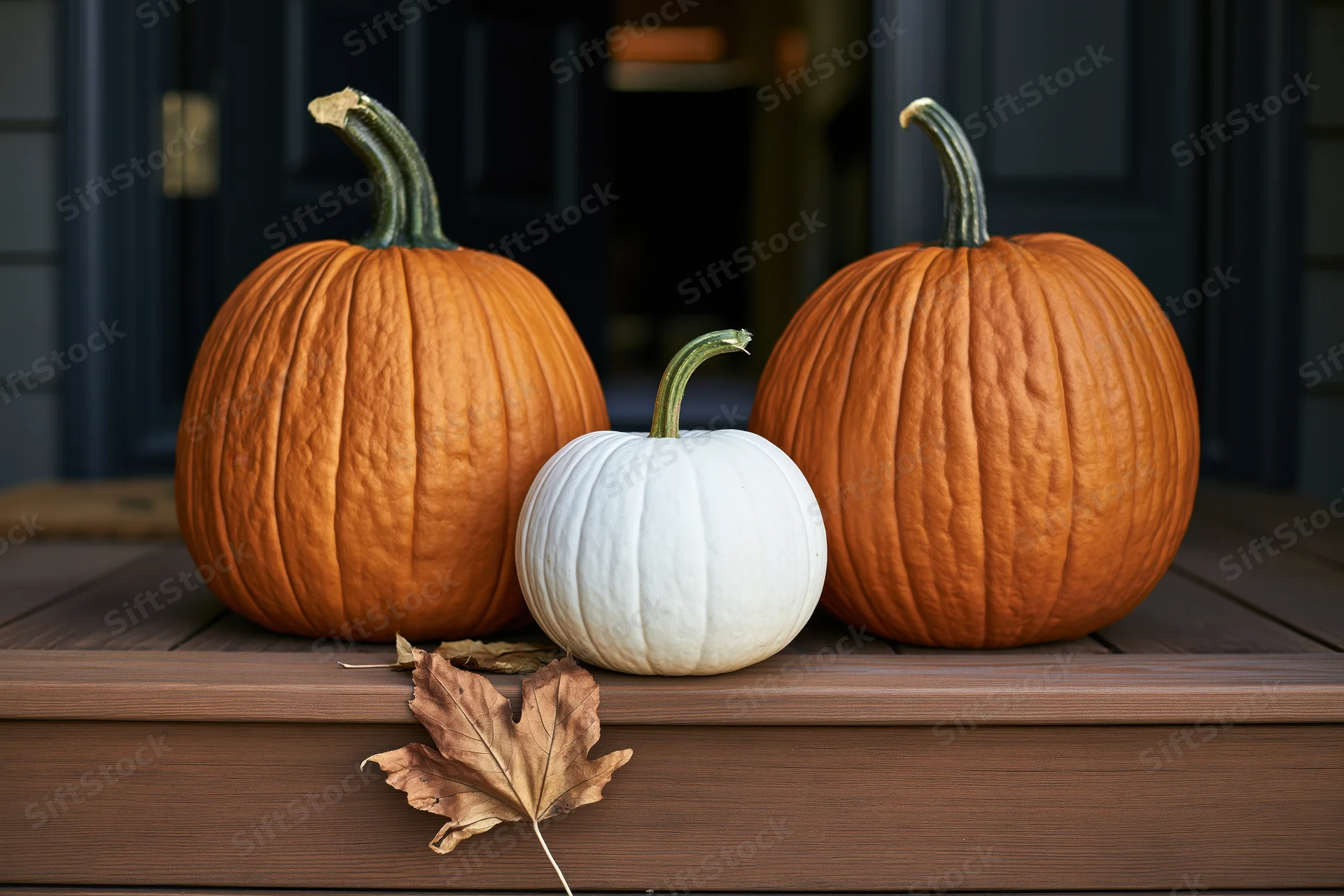 Three pumpkins arranged on a wooden porch step with a dried leaf in front of a dark door