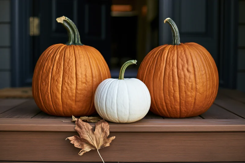 Three pumpkins arranged on a wooden porch step with a dried leaf in front of a dark door