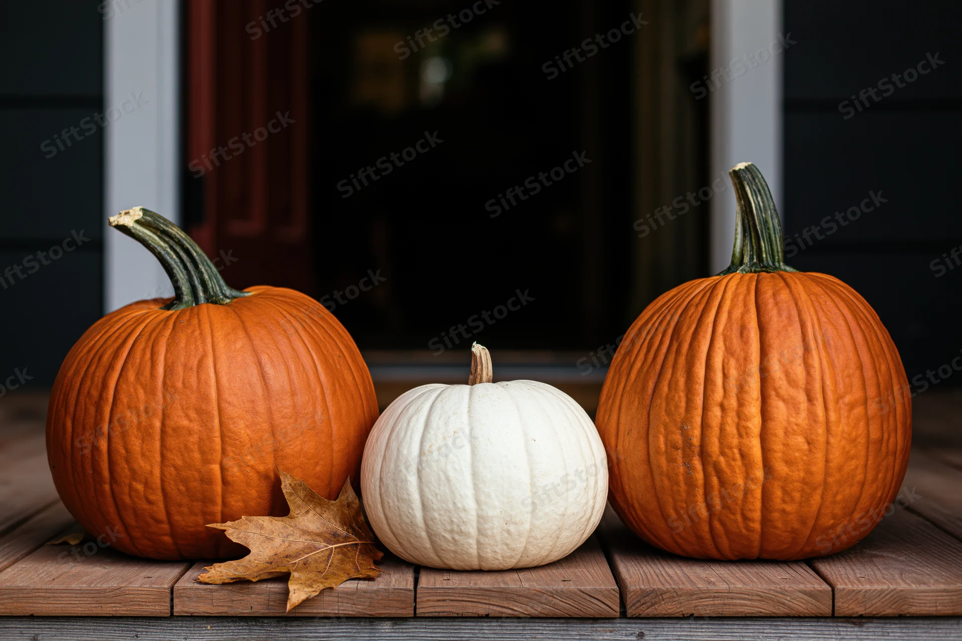 Three pumpkins arranged on a wooden porch step in front of a house door