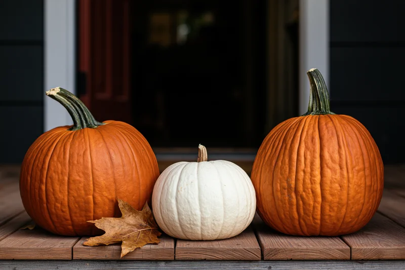 Three pumpkins arranged on a wooden porch step in front of a house door