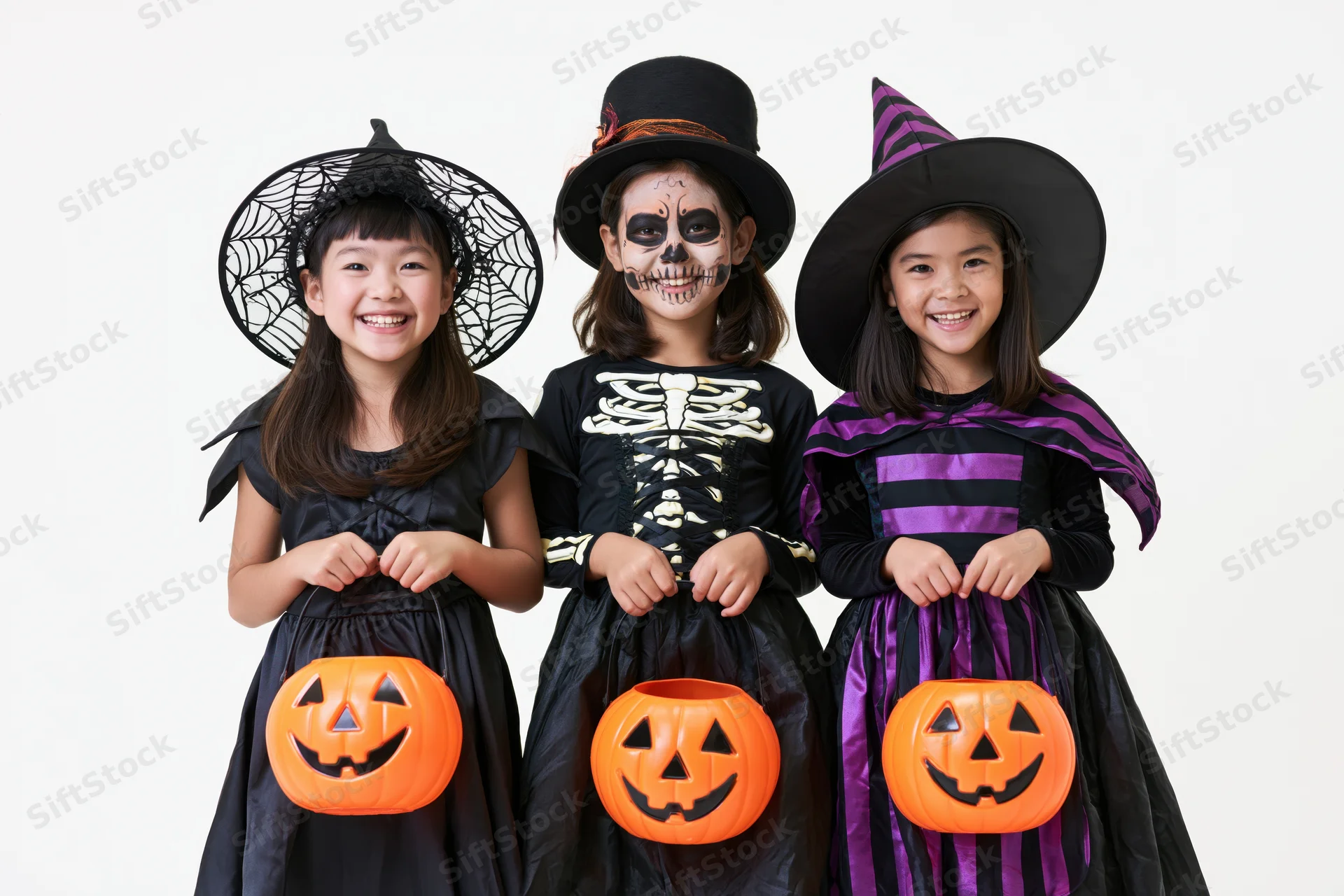 Three young asian girls in halloween costumes smiling while holding pumpkin buckets