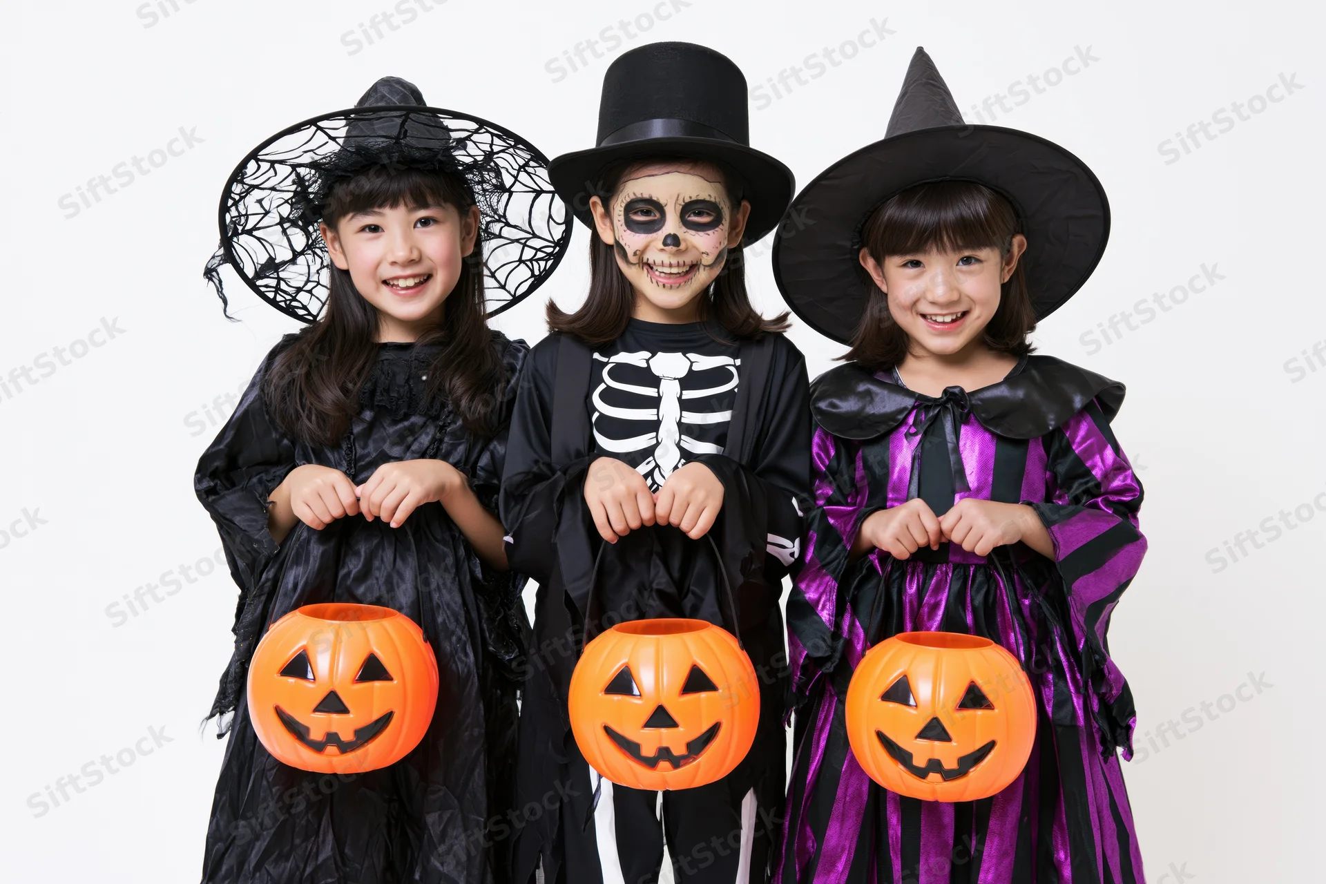 Three young asian girls in halloween costumes holding pumpkin buckets smiling in studio