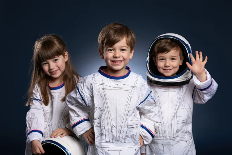 Three young children in white astronaut costumes smiling and waving in a studio portrait