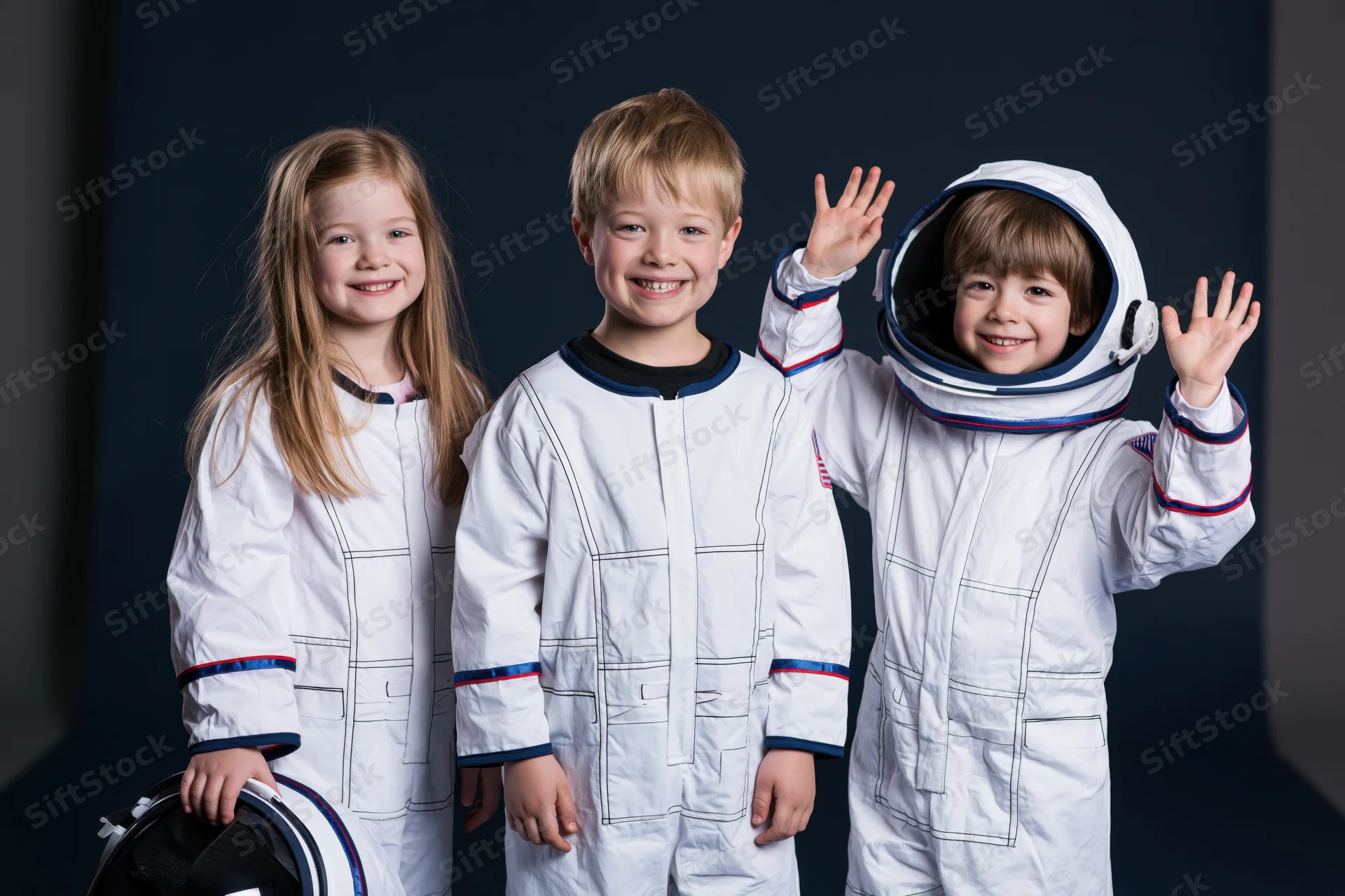 Three young children in white astronaut costumes smiling and waving in a studio setting
