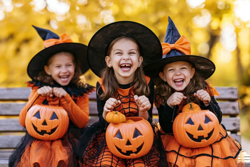 Three young girls in witch costumes laughing while sitting on a park bench with pumpkin buckets