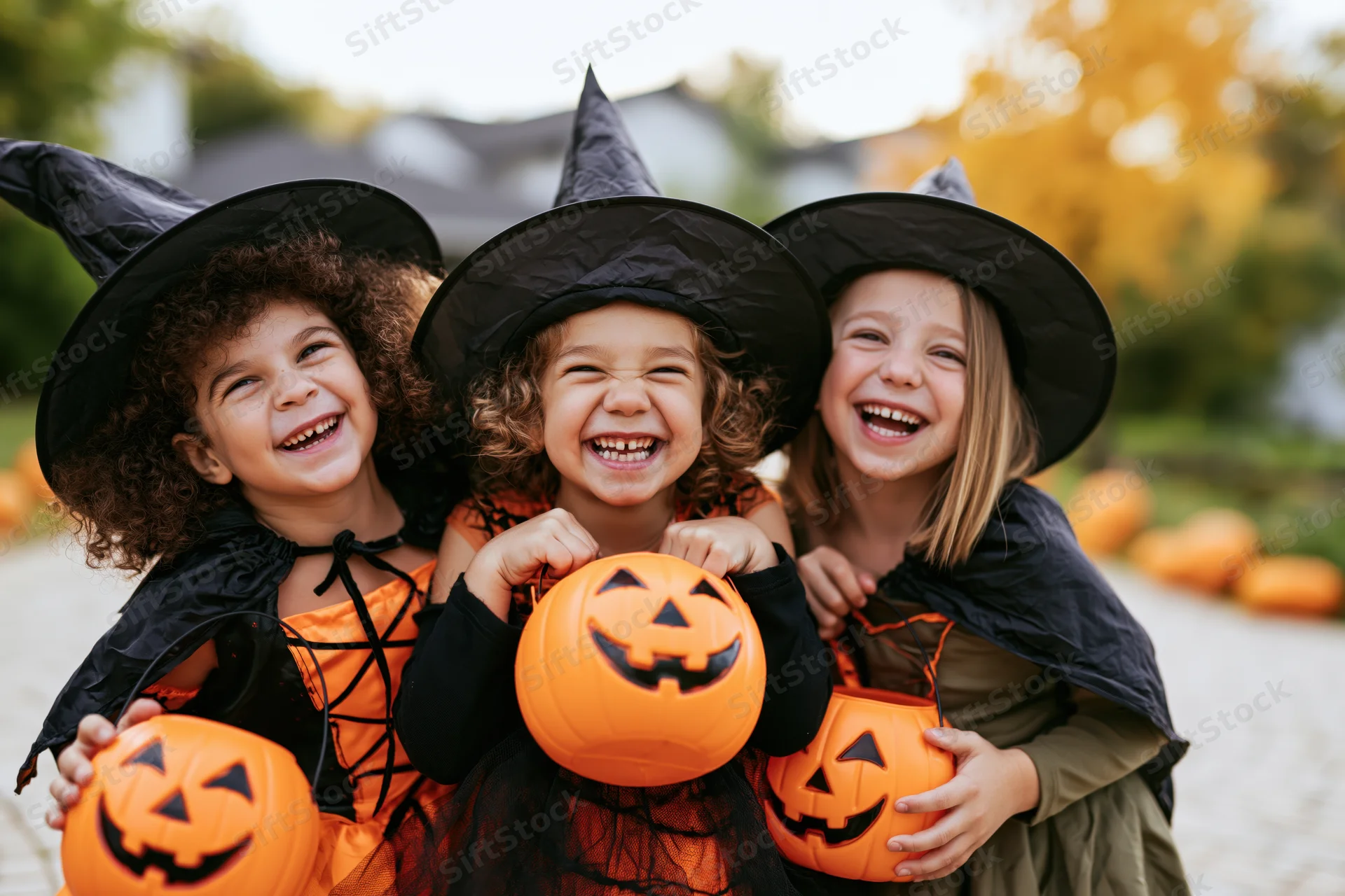 Three young children in witch costumes laughing together outdoors holding pumpkin buckets