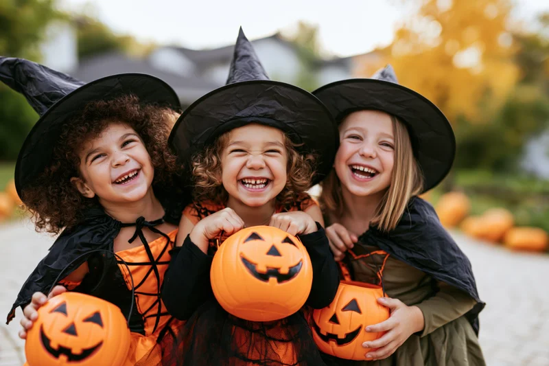 Three young children in witch costumes laughing together outdoors holding pumpkin buckets