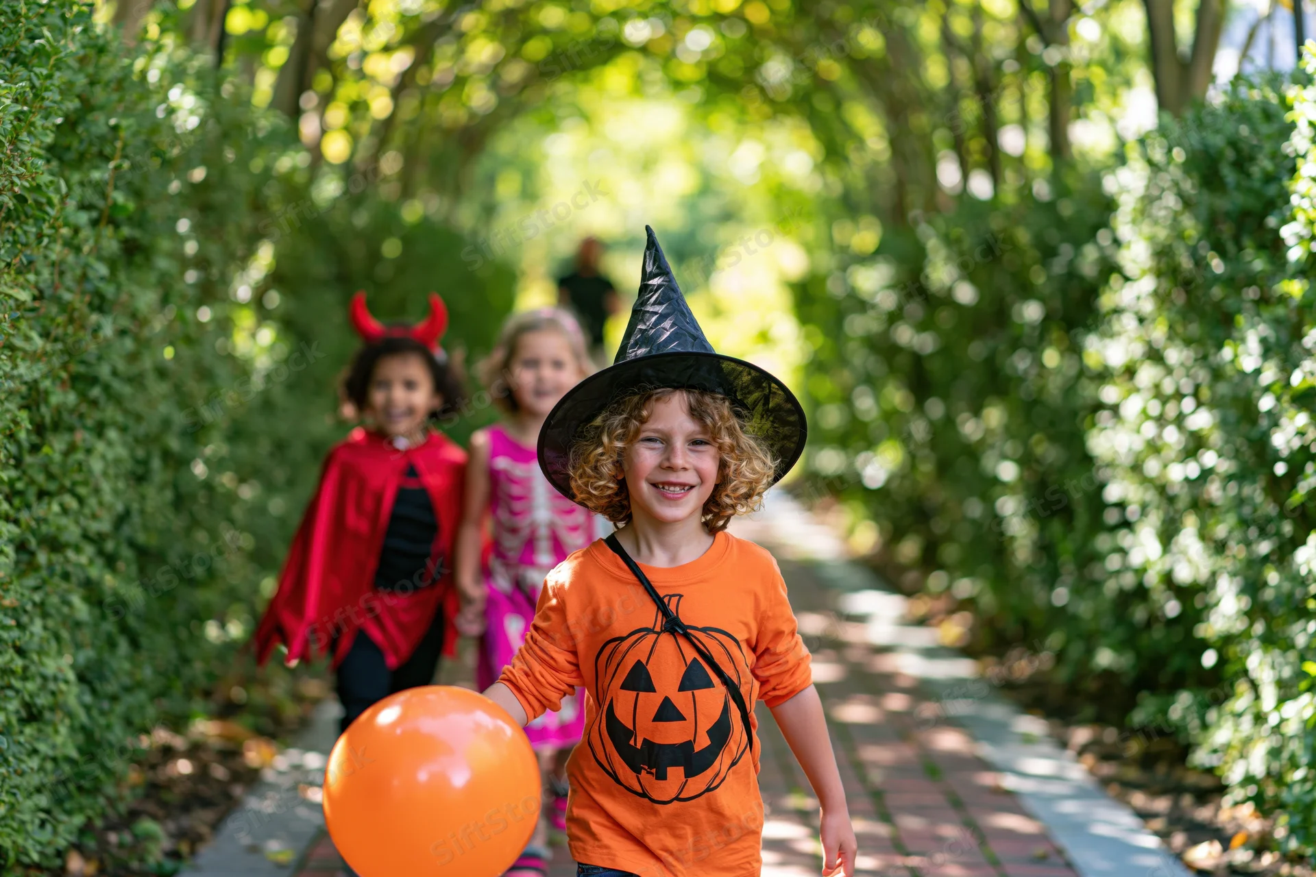 Three children in halloween costumes walking along a garden path smiling toward the camera