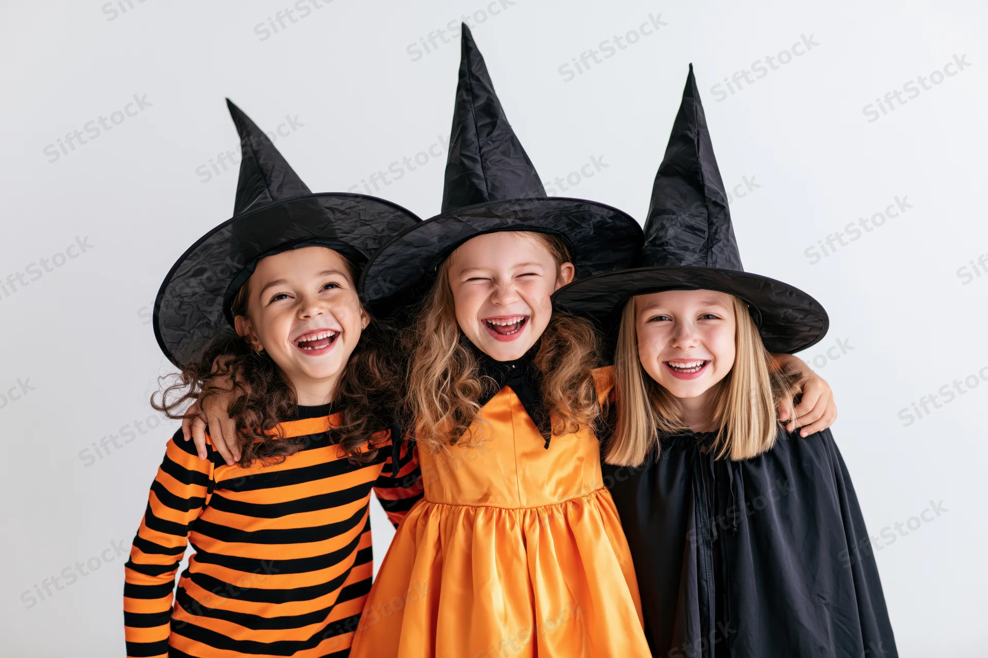 Three young girls in witch costumes laughing together in a studio setting